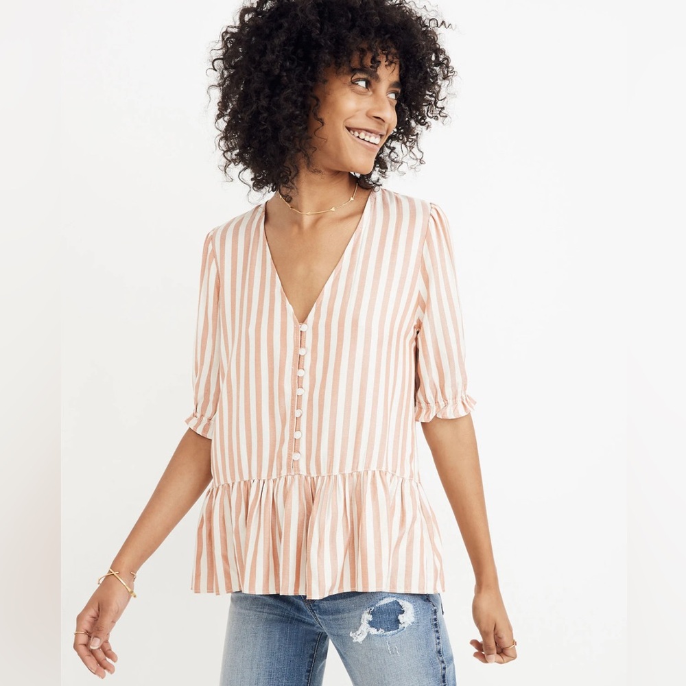 MADEWELL••Courtyard Ruffle-Hem Striped Blouse••Small